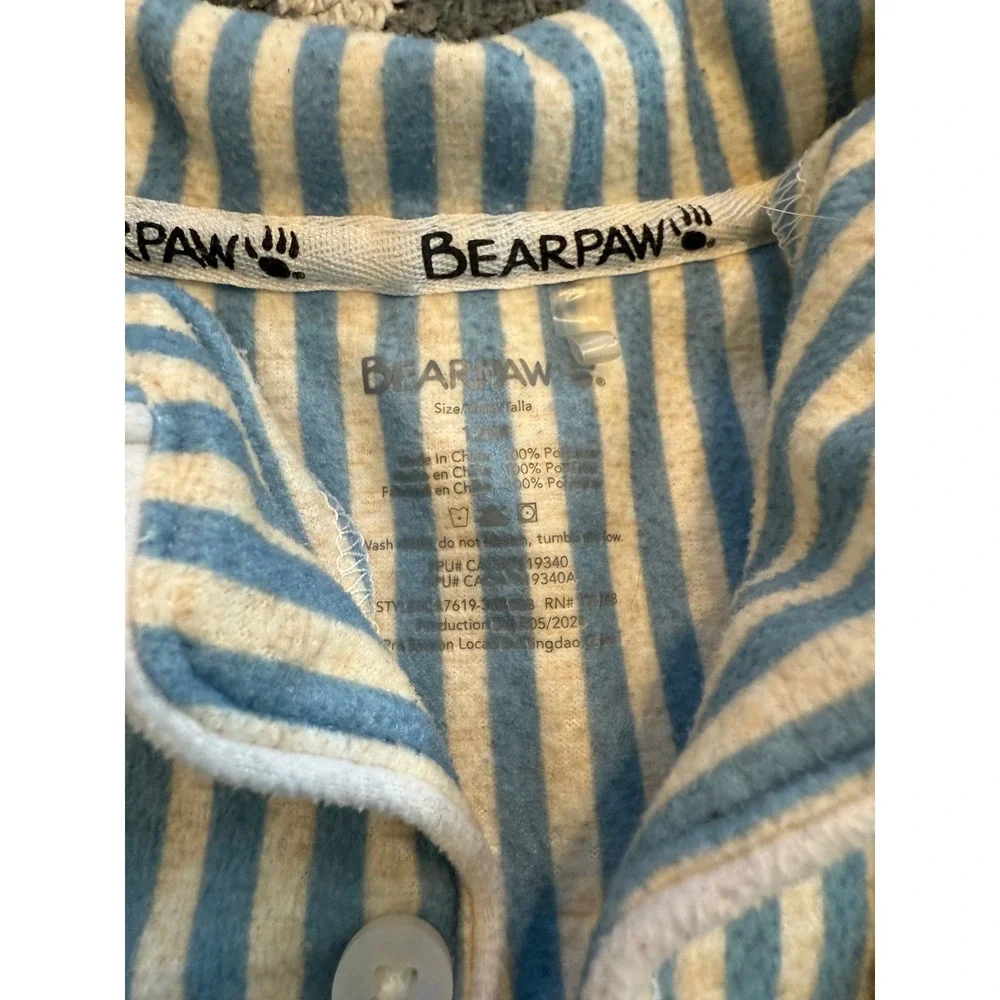Bearpaw Baby Boys Blue White Striped Fleece Pajama Set‎ 12M Teddy Bear Patch